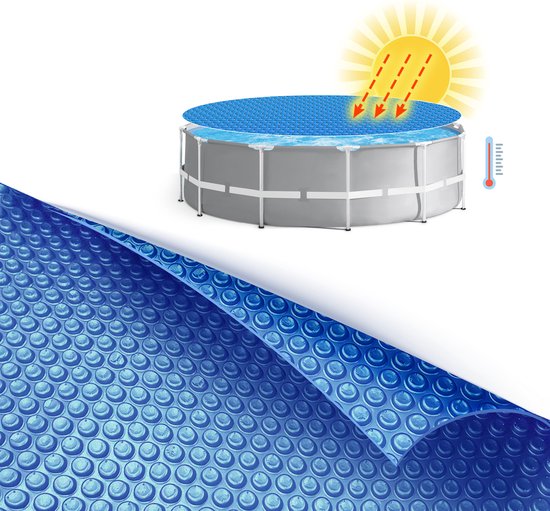 Bâche solaire bleue à bulles sur une piscine ronde, chauffée par le soleil.