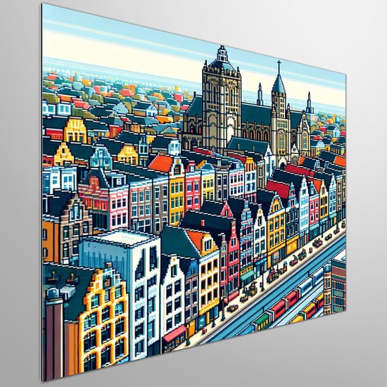 Pixel art groningen schilderij | Pixelated skyline: Groningen in vibrant colors and intricate details | Kunst - 20x20 centimeter op Dibond | Foto op Dibond