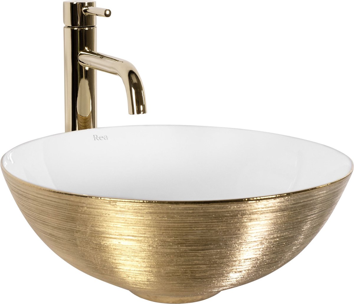 Rea Stella Gold Brush/White Opzetwastafel Wit En Goud 36x36 cm
