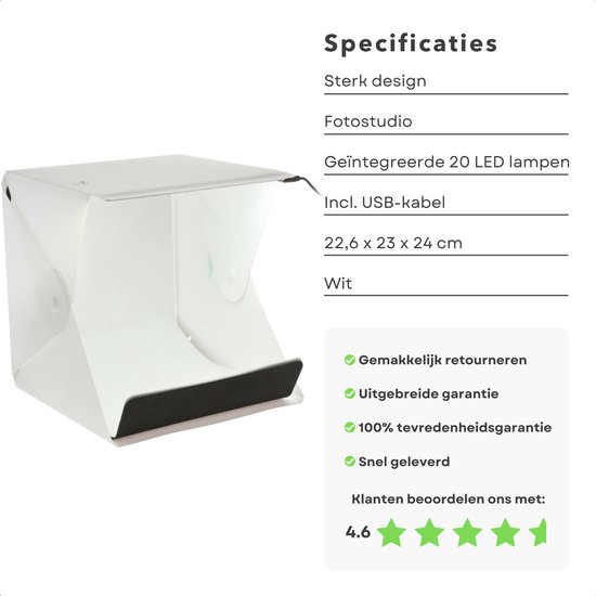 Professionele Fotostudio Box met LED - Lightbox - Productfotografie - Fototent - 20 Lampjes - USB-Ingang - 22,6x23x24cm - Compacte Ruimte voor Heldere Foto's