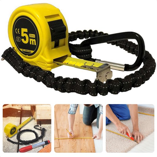 Gele rolbandmaat met zwart anti-shock koord, metalen clip en karabijnhaak. Meetlint toont 5m en 25mm.
