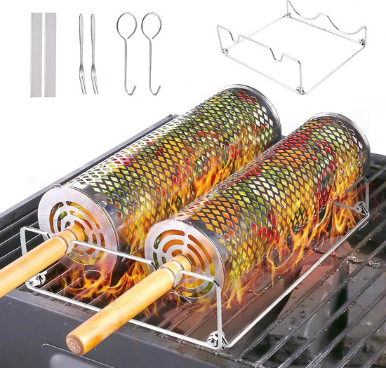 Nestende rollende grillmandenset met houten handvat (één kant en een