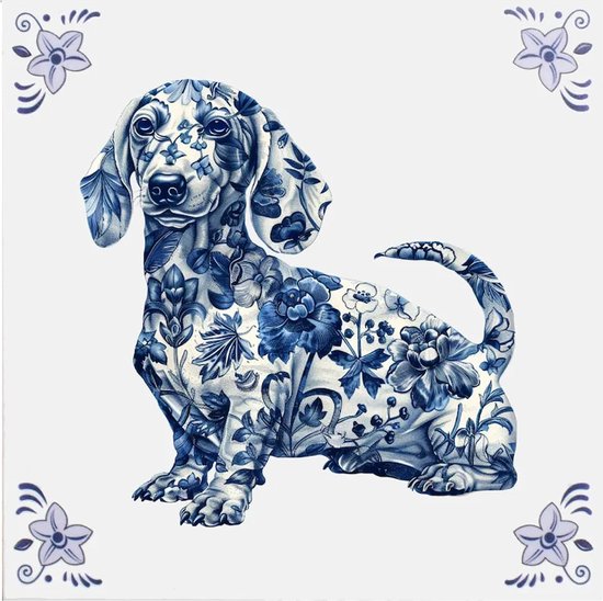 Delfts blauw tegeltje Teckel - delfts blauw wandbord - delftsblauw - hollandse cadeautjes - wanddecoratie - decoratieve accessoires