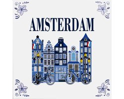 Delfts blauw tegeltje Tekst Amsterdam huizen ( tekst amsterdam) - delfts blauw wandbord - delftsblauw - hollandse cadeautjes - wanddecoratie - decoratieve accessoires