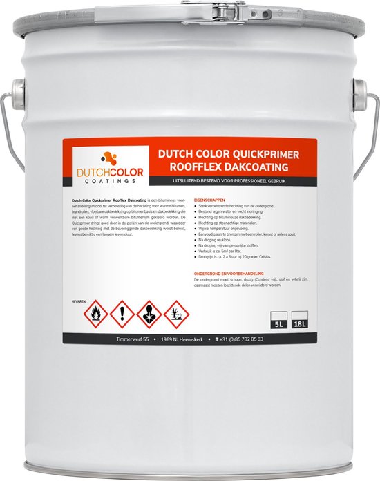 Wit metalen emmer met Nederlandse productinformatie voor Dutch Color Quickprimer Roofflex Dakcoating. Logo, specificaties en waarschuwingssymbolen zichtbaar.