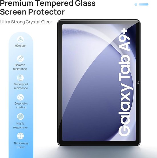 Diagram van de eigenschappen van de screenprotector voor de Samsung Galaxy Tab A9+, waaronder HD-helderheid en krasbestendigheid.
