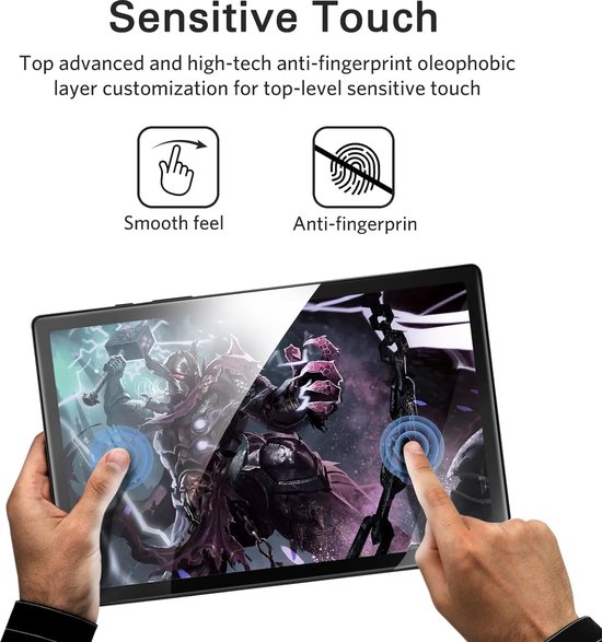 Gedetailleerde weergave van de touch-gevoeligheid en vingerafdrukbestendigheid van de screenprotector op de Samsung Galaxy Tab A9+.