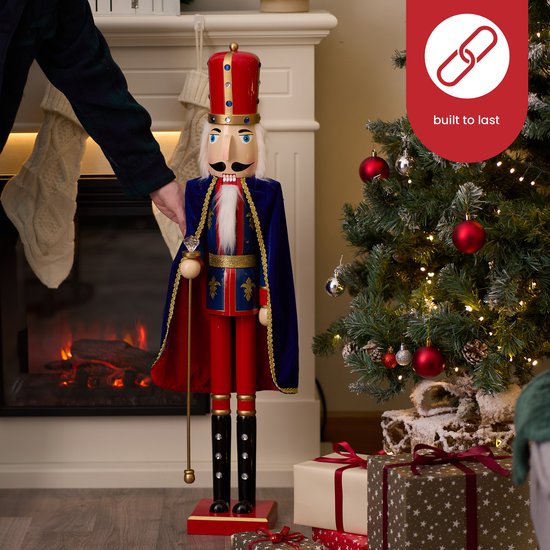 Casse-noisette En Bois Géant 90 Cm - Décoration Noël Traditionnelle, Bouche Mobile, Rouge Et Bleu