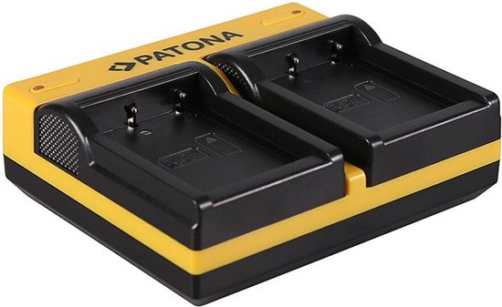 Dubbele PATONA oplader voor Fujifilm NP-W126 / NP-W126S batterijen, zwart en geel.