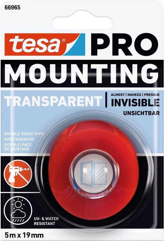Tesa PRO TRANSPARENT MOUNTING tape verpakking, 5m x 19mm, met rol rode tape.