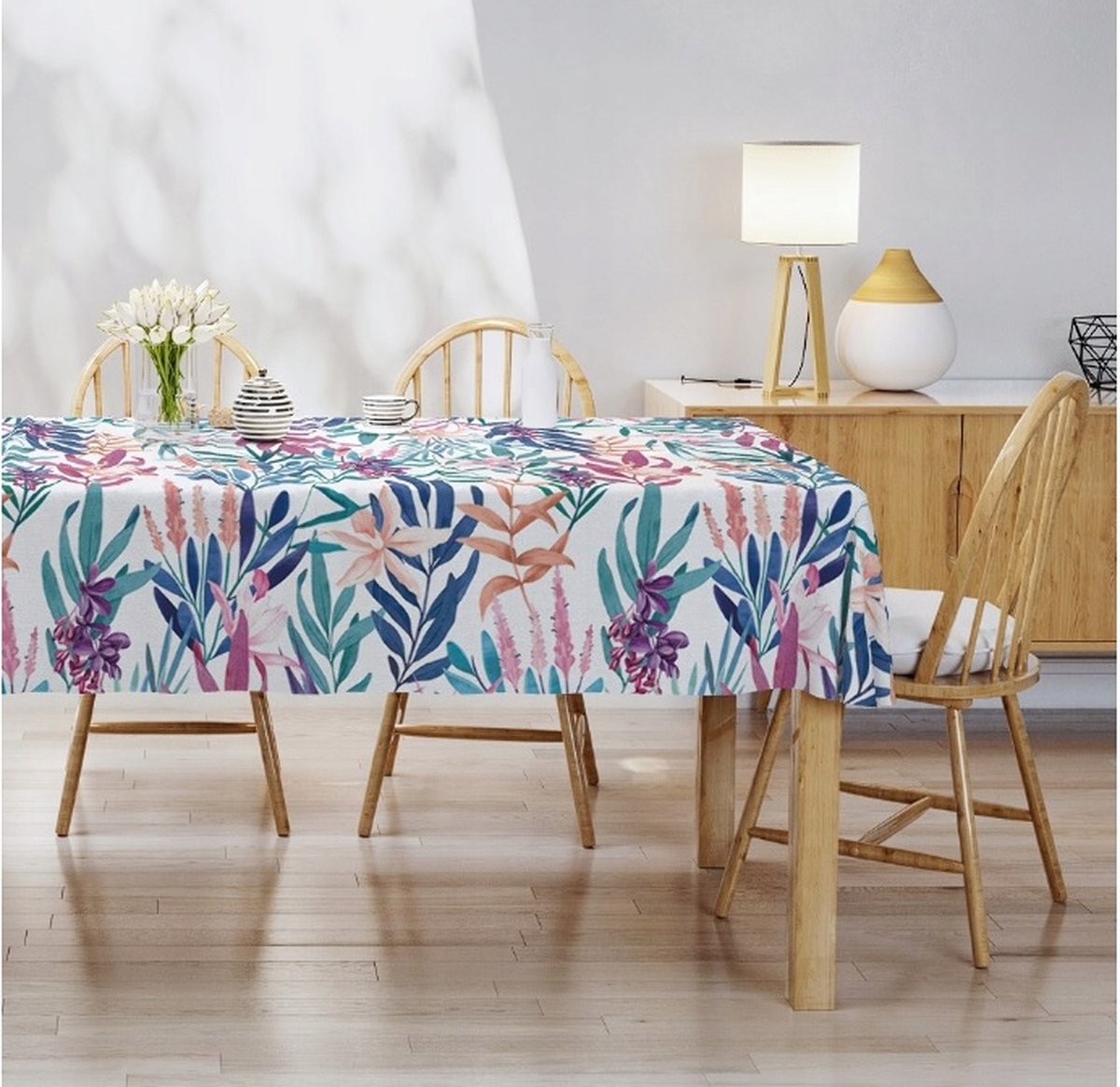 Tafelkleed 140 x 220 cm turquoise gekleurde bladeren zeer elegant