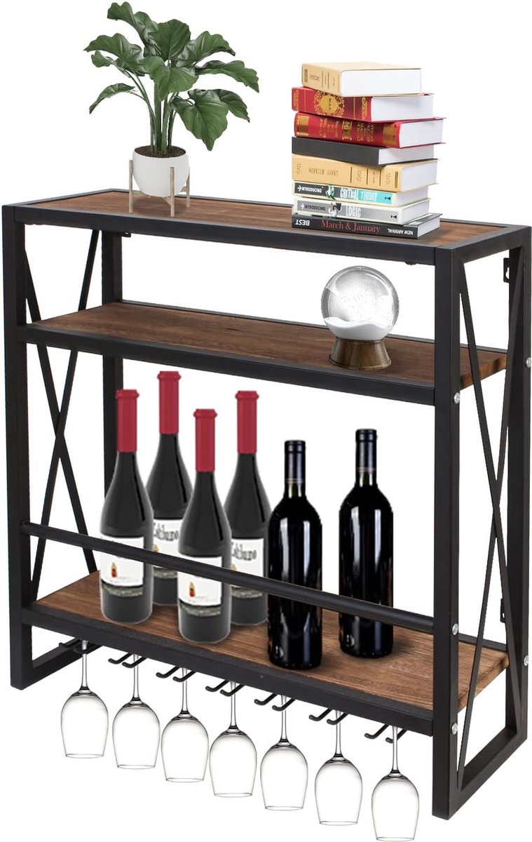 Wandmontage wijnrek met 7 steel glazen houder, 3-laags rustieke houten wijnopbergplank, 23,6 inch metalen frame wijnfles glasrek voor keuken, bar of thuis