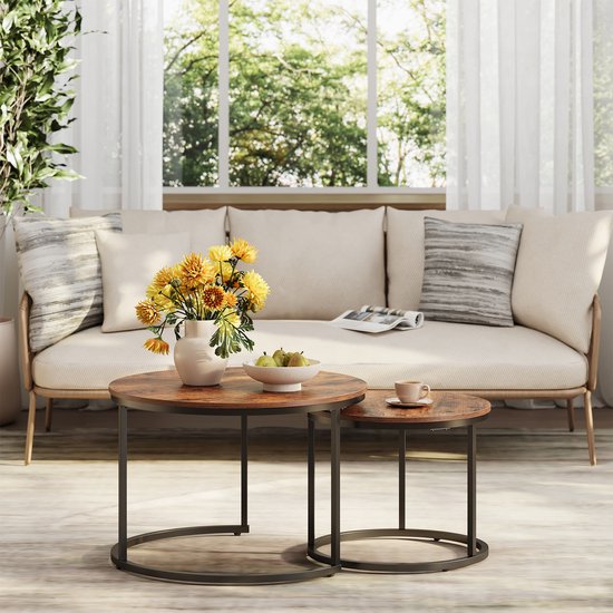 Acaza Table Basse - Table Basse Ronde - Set de 2 Tables basses - 72 Ø cm - Table Basse Industrielle - Marron Vintage