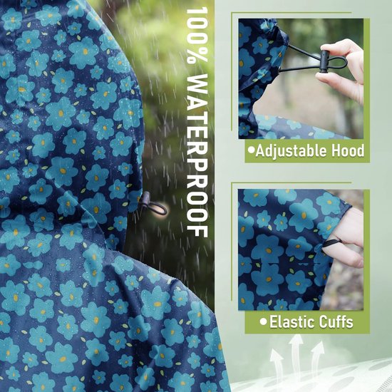 100% waterdichte blauwe poncho met bloemenprint, capuchon en elastische manchetten, met regeneffect.