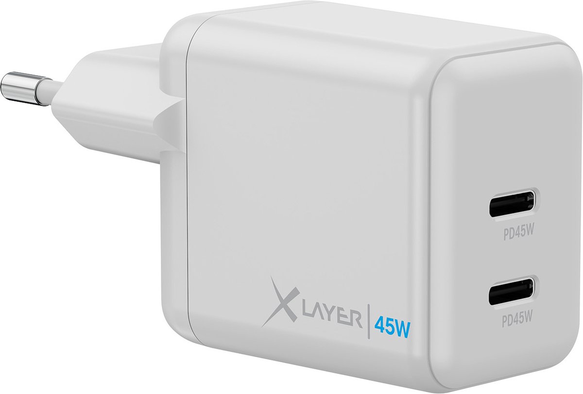 XLayer - Wandlader / Oplader - Dual Powercharger 45W USB-C PD - Adapter / Oplader Geschikt Voor Apple Iphone & Samsung - Wit
