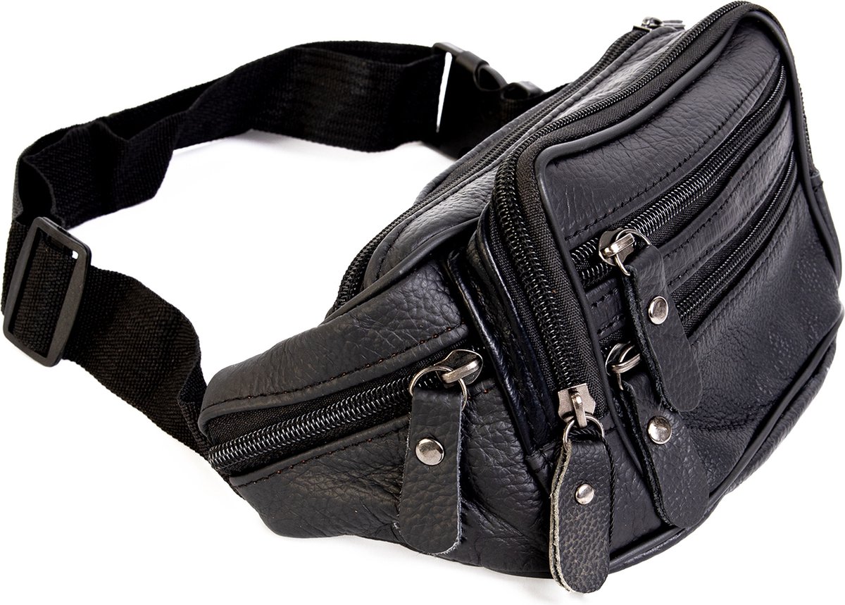 KIMU® Heuptasje Echt Leer Vakjes Zwart - Fanny Pack - Zwarte Leren Heuptas Tas Tasje Dames Festival