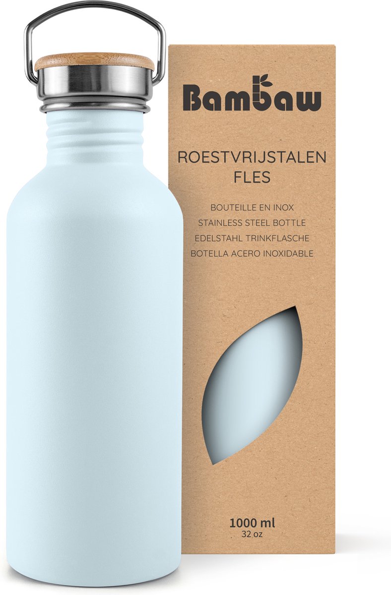 Bambaw® Waterfles 1 liter - Enkelwandige drinkfles - Lekvrij, Plasticvrij met Bamboe Dop - Waterflessen Volwassenen - Waterfles RVS - Perfect voor Reizen, Wandelen, Dagelijks Gebruik, Kamperen - Water Fles - Camping - Lichtblauw