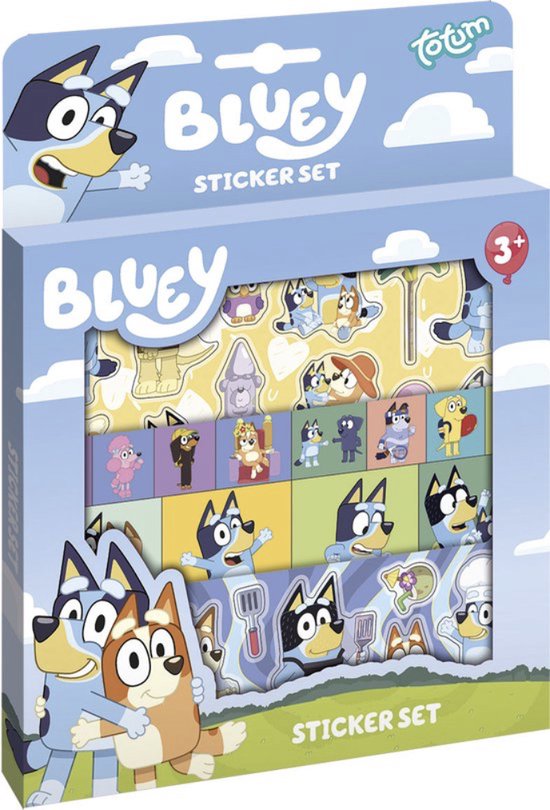 Foto: Bluey sticker set merk totum sticker set met leuke achtergrond knutselen spelen voor peuters kleuters sticker pakket knutselpakket creatief speelgoed perfect cadeau voor jongens meisjes