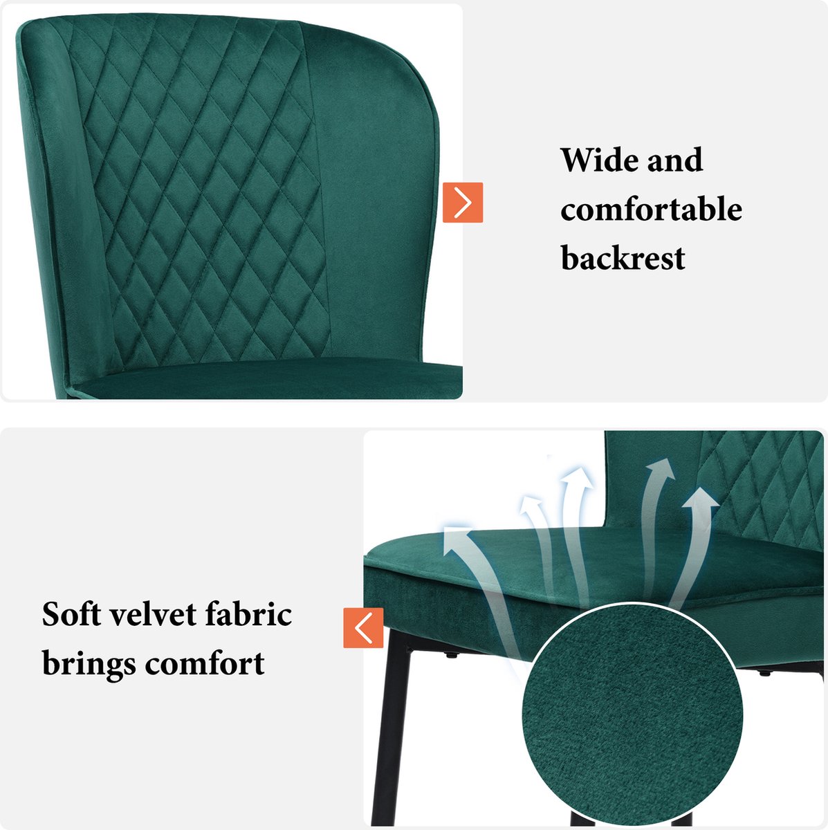 Sweiko Eetkamerstoel set, (set, 140 × 80 × 75cm Eettafel, 4 Stoelen), Moderne Keuken Eettafel set, Donkergroen Fluweel eetkamerstoel, zacht kussen stoel ontwerp met rugleuning, Wit MDF tafelblad, Zwarte tafelpoten – foto 7