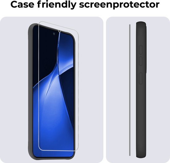 Case friendly screenprotector op een telefoon en de zijkant van de telefoon met case.