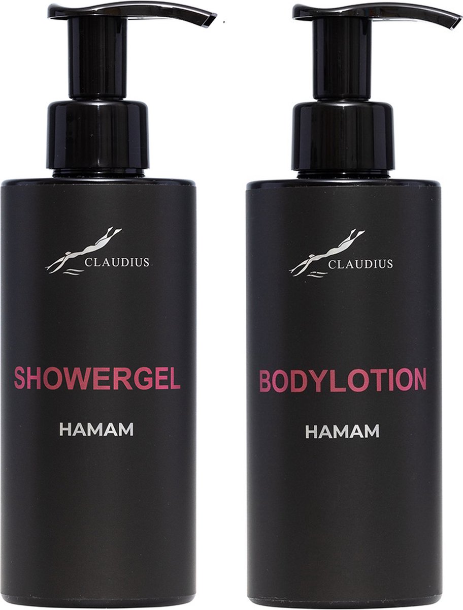 Goedkoopste Douchepakket Hamam - Showergel Bodylotion - 300 ml per fles - Claudius Cosmetics - bodycare - luxe fles - set van 2 stuks - Cadeau