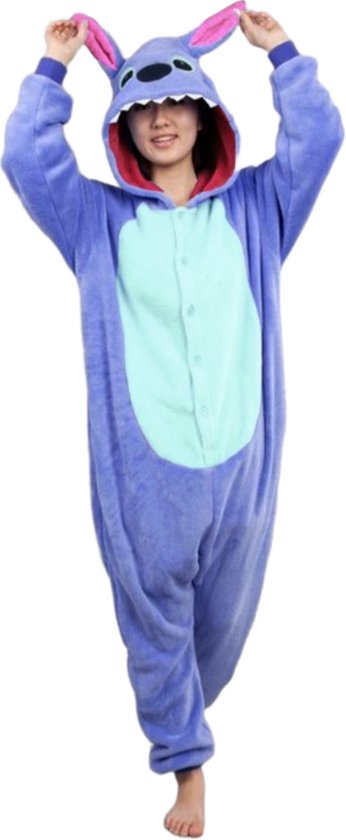 Foto: Onesie lilo stitch pak monster jumpsuit huispak fleece pyjama volwassenen dames heren blauw monstertje alien festival maat 140