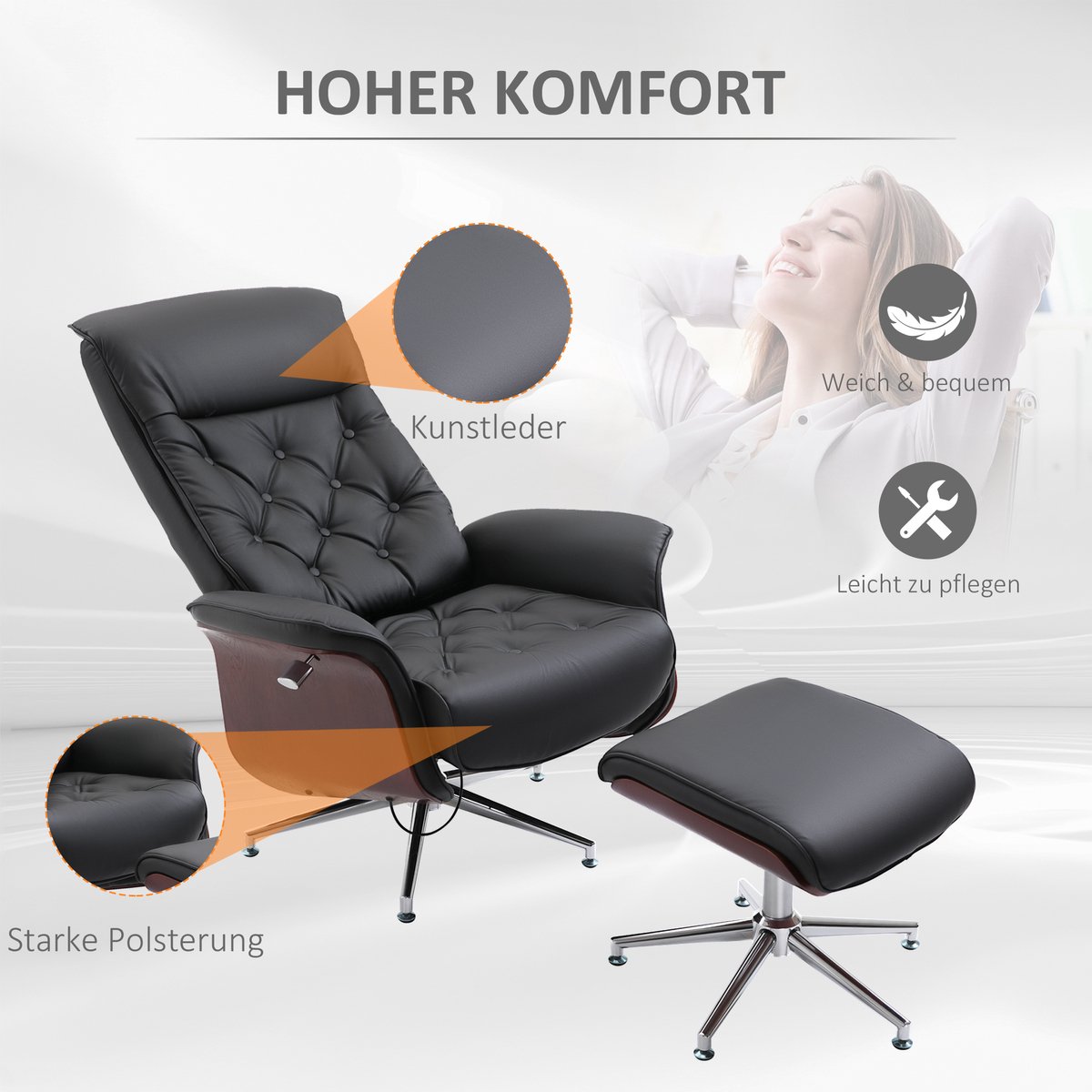 Afbeelding 3 van HOMCOM Relaxstoel met Kruk 360° Draaibaar Zwart