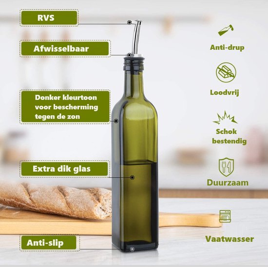 Oliefles met schenktuit - olijfolie-azijn - 500ml - glas - navulbaar