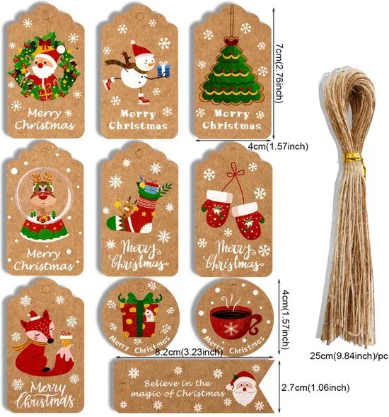 GEAR3000® kerstcadeau labels - naamlabels - karton etiketten met touw - naamstickers kerst - voor op kerstverpakking / kerstzakjes