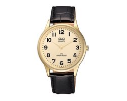 Q&Q C214J103Y - Horloge - Analoog - Heren - Mannen - Leren band - Rond - Staal - Cijfers - Zwart - Goudkleurig - 3 ATM