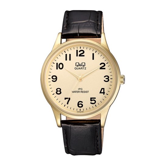 Gouden Q&Q analoog horloge met zwarte krokodillenleren band en beige wijzerplaat met cijfers.