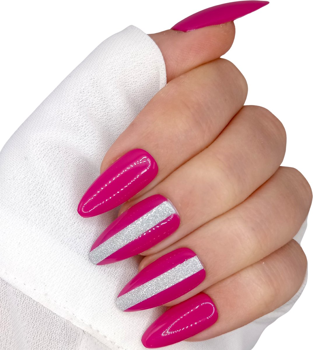 SD Press on Nails - B4 - Plaknagels - Nagelset 20 Nagels - Pink Roze Zilver - Gellak - Nagellak - Lang Stiletto Nageltips - Nepnagels met Lijm - Kunstnagels - Nail Art - Handmade - Valse nagels - Nepnagels - Accessoires - Lange Nagels - Nagellak