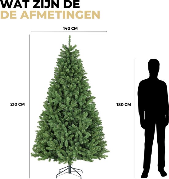 Dimensions d'un sapin artificiel de 210 cm de haut : 140 cm de large et comparaison avec un homme de 180 cm.