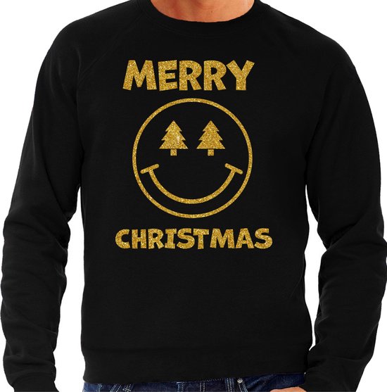 Bellatio Decorations Foute Kersttrui/sweater voor heren - Merry Christmas - zwart - glitter goud - Smile / Emoticon M