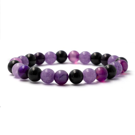 Bixorp Gems Amethist + Heide Agaat + Onyx Edelstenen Armband - 8mm / 18cm - Om & Om Edelsteen Kralenarmband