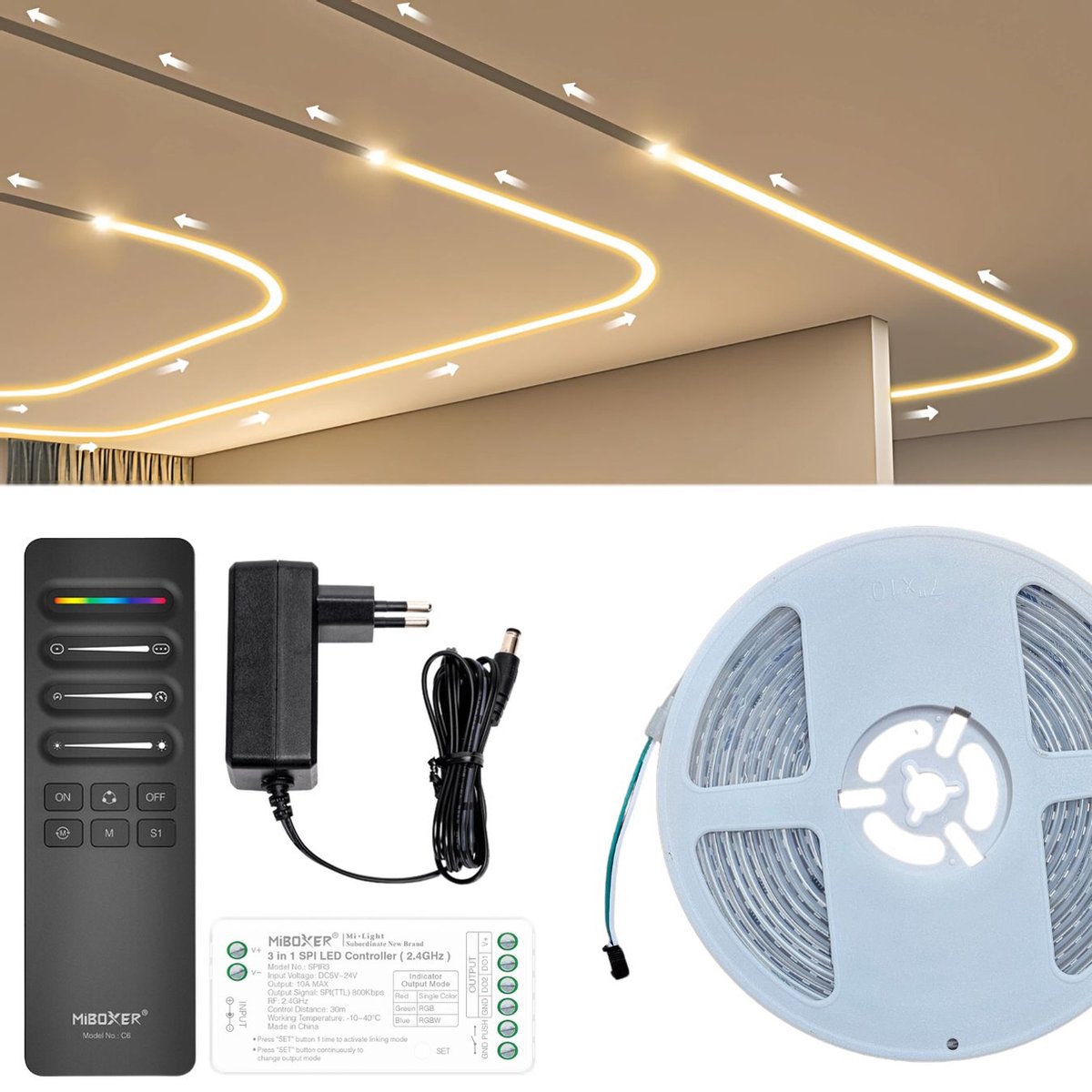 LED Strip Digitaal - IC/SPI - 2700k Warm Wit - 5 Meter - 126LED/M - SPI/Addresseerbaar - 24V - Waterdicht IP67 - RA>80 - Met lichteffecten - Inclusief Mi-Light(MiBoxer) SPI Controller en afstandsbediening