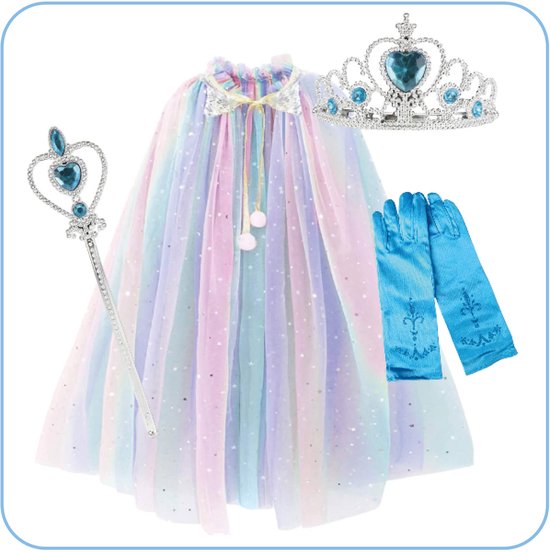 Prinsessenjurk meisje Unicorn- carnavalskleding - Regenboog Cape + Kroon + Toverstaf + Handschoenen