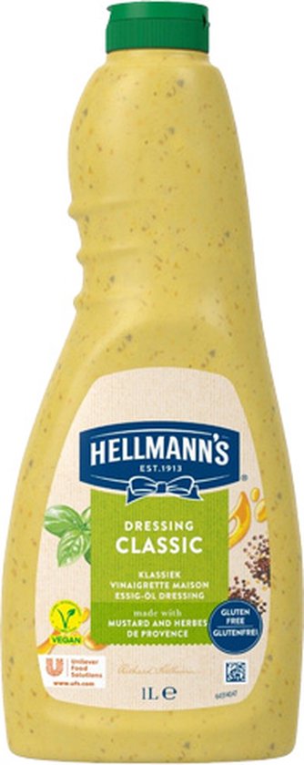 Hellmann's Classic Dressing fles met groene dop. Dressing is geel met kruiden en tekst: "Classic Dressing", "Mustard and Herbes de Provence".