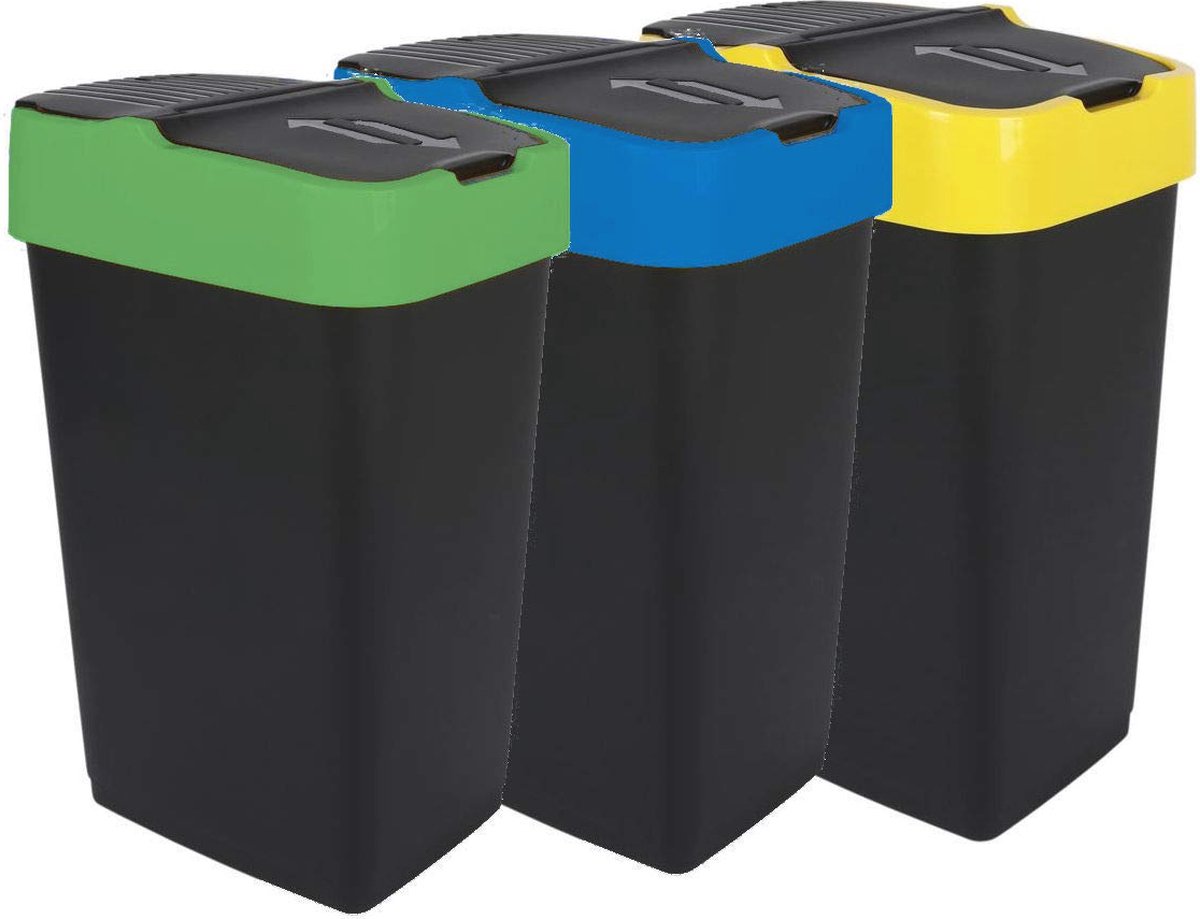 Goedkoopste Set van 3 Afvalemmers met Zwenkdeksel - 35 Liter - Vuilnisemmers in Groen, Geel en Blauw
