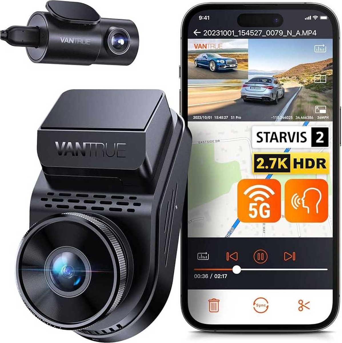 Vantrue S1 Pro Dual 2.7K Wifi GPS dashcam voor auto