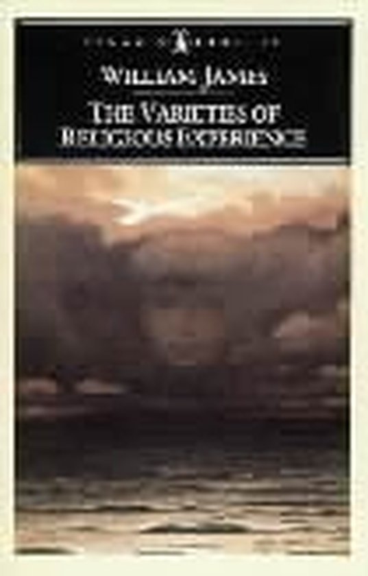 Boek met de titel 'The Varieties of Religious Experience' van William James. Abstracte afbeelding van een lucht met wolken boven water.