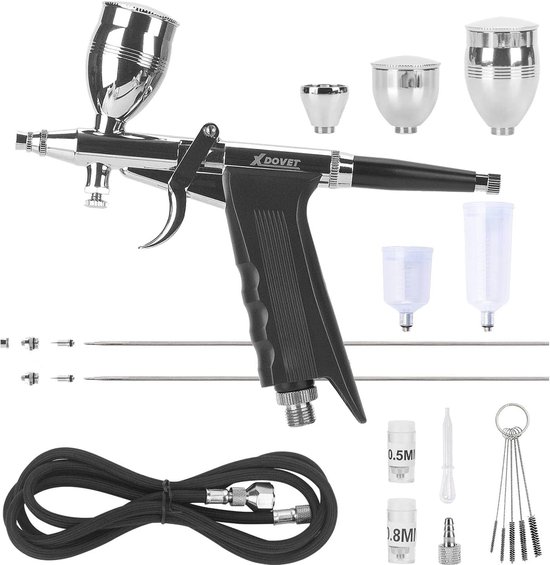Foto: Dual action airbrush kit air brush schilder set met verstelbare naalden en gekleurde bekers voor kunst en tatoeages