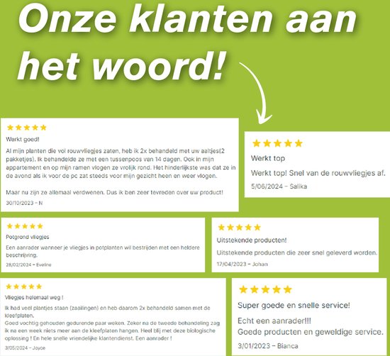 Uittreksels uit klantbeoordelingen met sterren. Tekst "Onze klanten aan het woord!".