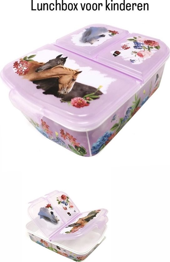 Foto: Broodtrommel voor kinderen met paarden figuren roze kinderlunchbox met 3 scheidingsvakken met onderverdeling bpa vrij lunchbox voor school kinderdagverblijf voor onderweg paarden broodtrommel