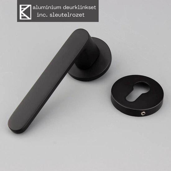 Poignée de porte en aluminium noir mat avec rosace à clé ronde.