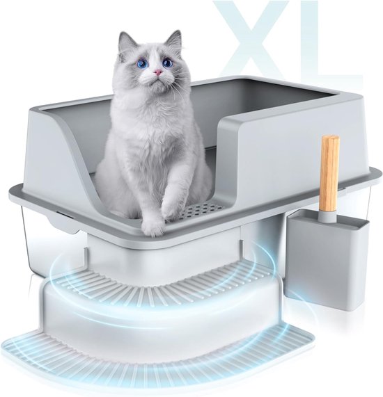 Kattenbak van roestvrij staal, XXL, 28 liter, hoge rand, lekvrij en tegen morsen, halfgesloten kattenbak, met kattenbakschep