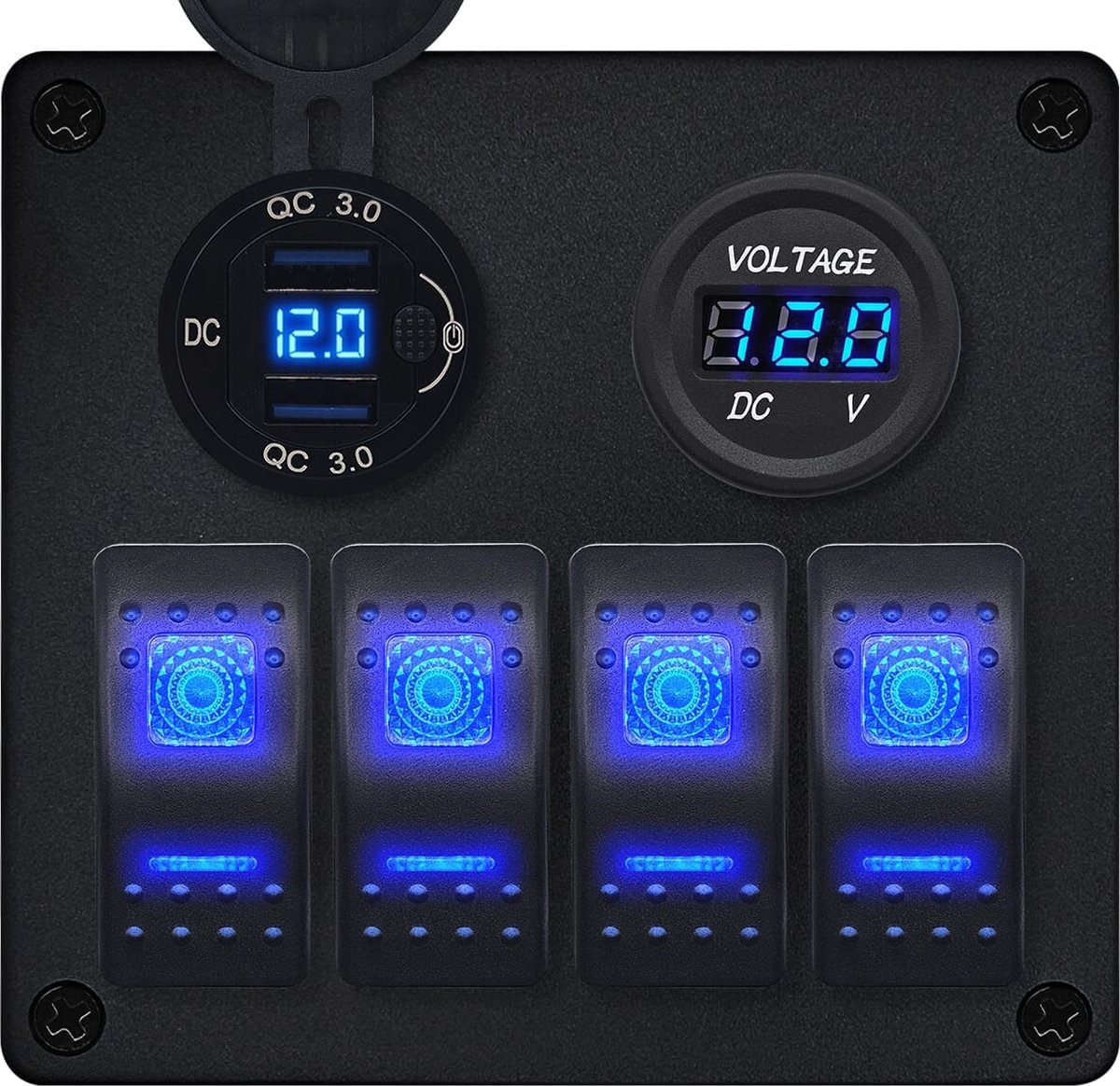 ProRide Schakelpaneel 12V voor Auto/Boot - USB Lader 2 Poorten met Voltmeter - QC3.0 - DS2120B - 4 Schakelaars