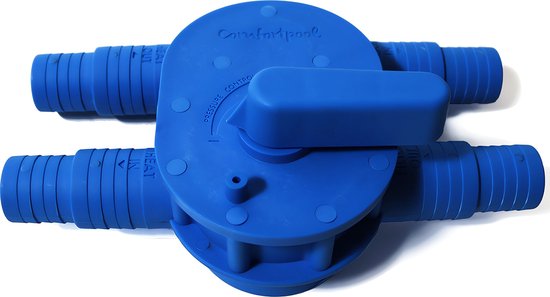 Blauwe Comfortpool bypass met hendel, twee slangaansluitingen en de tekst 'Comfortpool'.