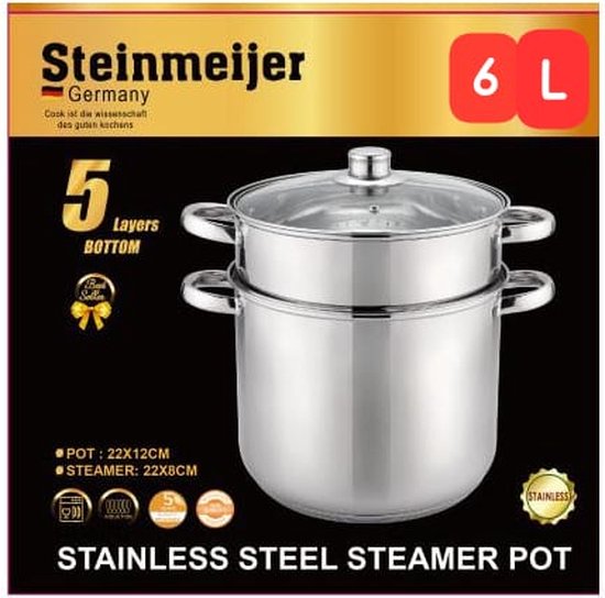 Steinmeijer Stoompannenset RVS 6L- Ø 26 cm - 3-delig - Voorzien Van 6-Laags Bodem