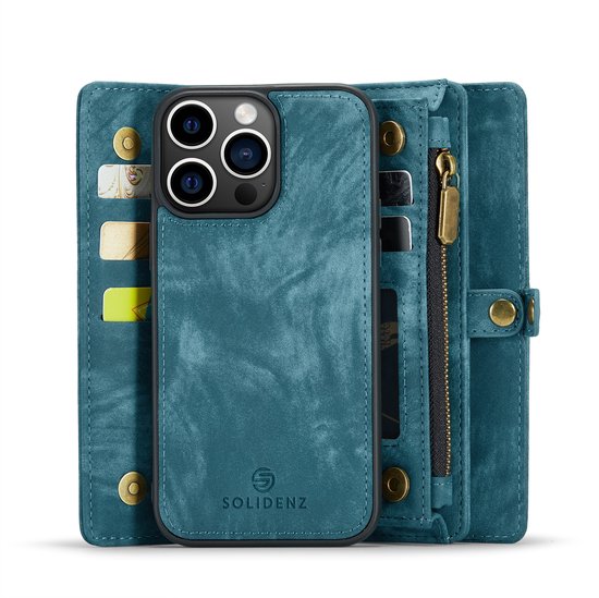 Étui portefeuille Solidenz iPhone 16 Pro - Étui portefeuille iPhone 16 Pro - Étui téléphone 16 Pro - Étui 16 Pro avec porte-cartes - Avec poche zippée - Avec dragonne - Bleu